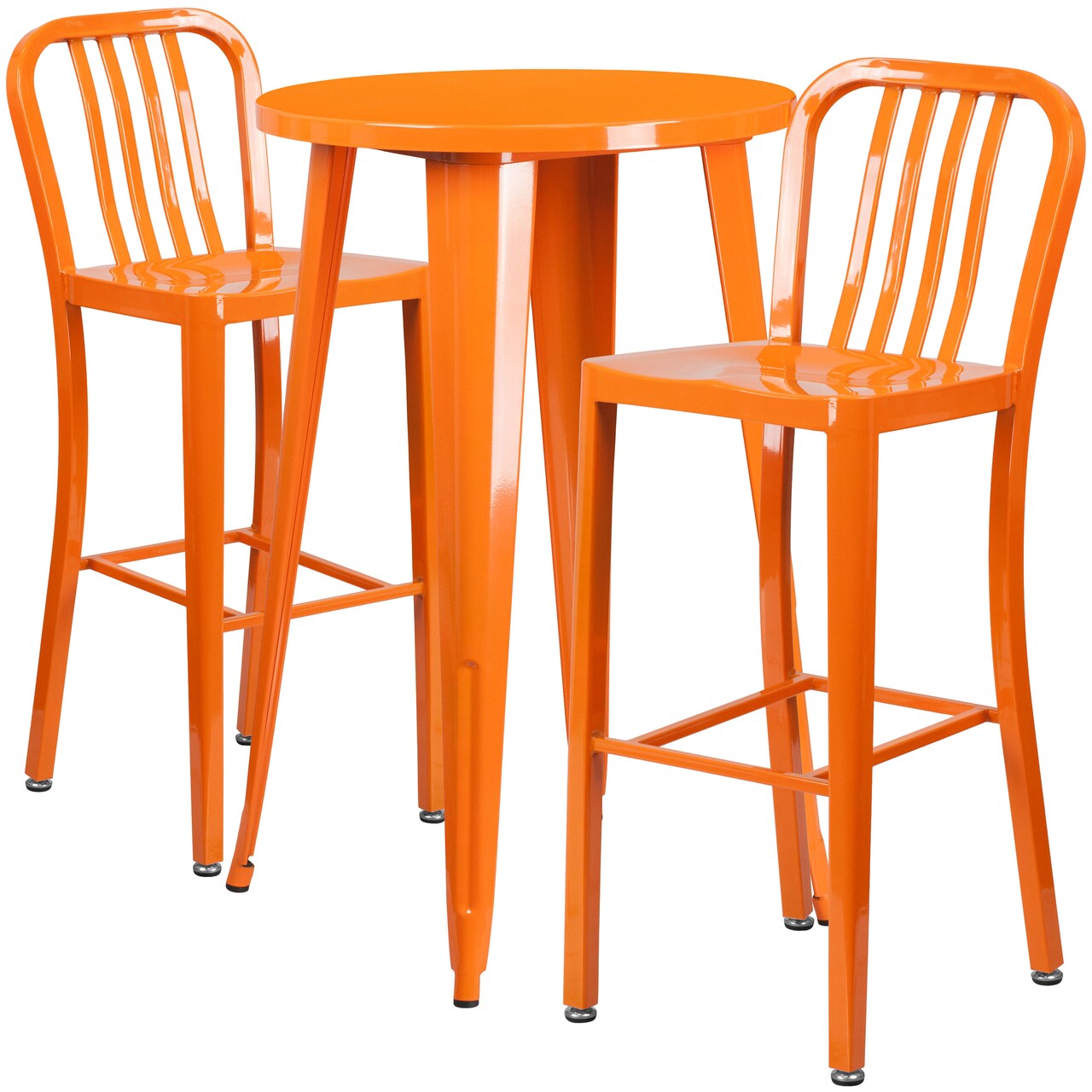 Merrick Lane Evelyne Outdoor Dining Set with 24" Round Table and Slatted Back Bar Stools with Footrests